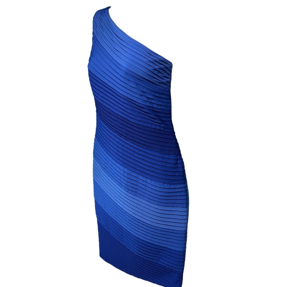 Tadashi Shoji One Shoulder Dress M Blue Pleated Sheath Cocktail Wedding Guest - Picture 7 of 10